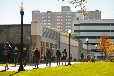 Students walk to and from class on the campus of Wilkes University in Wilkes-Barre, PA.