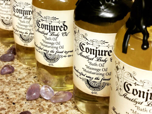 The bottles of soap lined up from Conjured Soap Boutique in Jim Thorpe, PA.