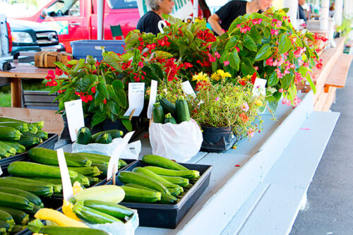 A table filled with fresh produce and flowers at the Co-Op Farmers Market in Scranton, PA.