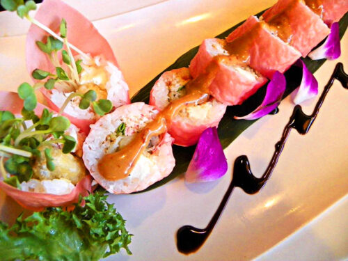 Pink colored sushi sliced on a decorative plate at Mirakuya Japanese Restaurant in Wilkes-Barre, PA.