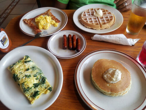 Five plates of breakfast food items at Compton's Pancake House in Stroudsburg, PA.