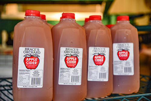 Jugs of apple cider at Brace's Orchard in Dallas, PA.