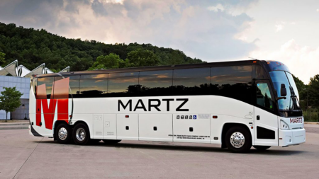 Martz Trailways bus parked outside.