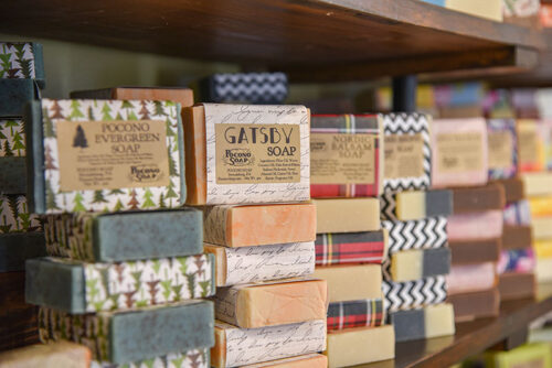 Stacked soap on the shelves at Pocono Soap in Stroudsburg, PA.