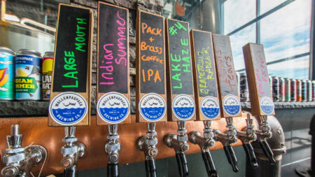 A view of the taps inside the barrel room at Wallenpaupack brewing Company in Hawley, PA.
