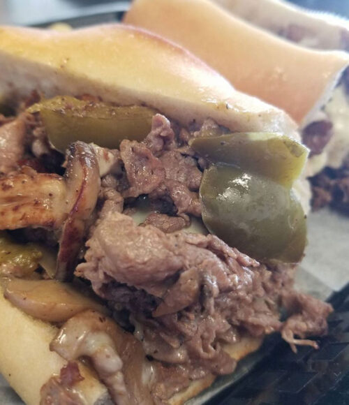 A cheesesteak with thick cuts of steak with green peppers from Armenti's Pizzeria in Olyphant, PA.