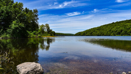 A scenic view of Prompton State Park in Prompton, PA featuring a calm lake surrounded by lush green trees and a clear blue sky