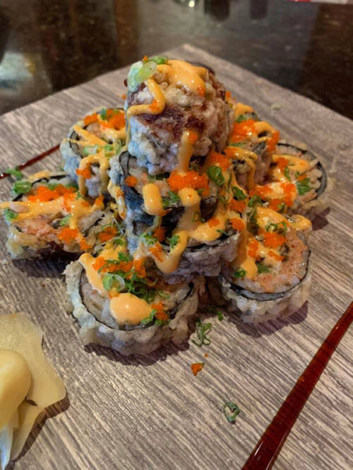 A small stack of sushi on a plate at Sushi and Thai in Dunmore, PA.