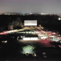 An aerial view of the grounds filled with cars at the Moonlite Drive-In in West Wyoming, PA.