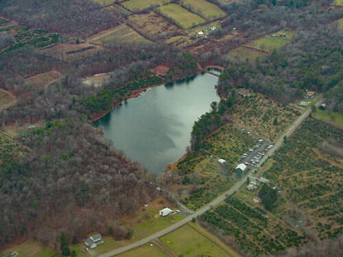 An aerial view of Helen & Ed’s Tree Farm in Wapwallopen, Pennsylvania, showing a large lake surrounded by wooded hills and extensive rows of Christmas trees.