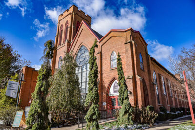 The tree-lined entrance of the Osterhout Free Library in Wilkes-Barre, PA.
