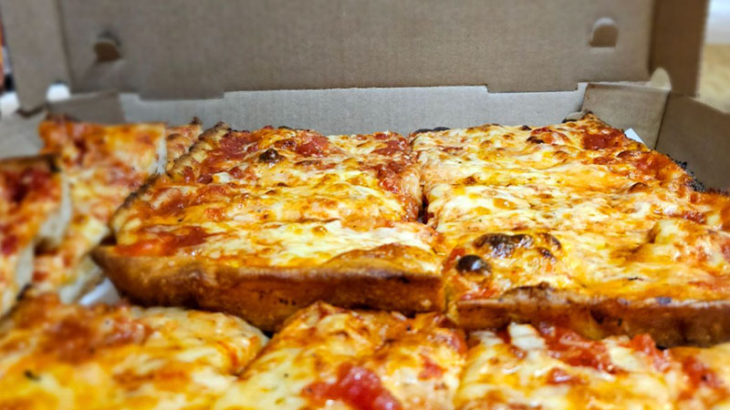 A close up of the pan fried Sicilian pizza from Togoz Pizza in Wyoming, PA.