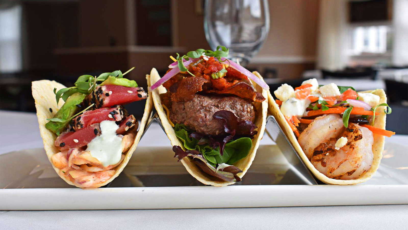 Three tacos: two with shrimp and one with steak from Brass Buckle in Conyngham, PA.