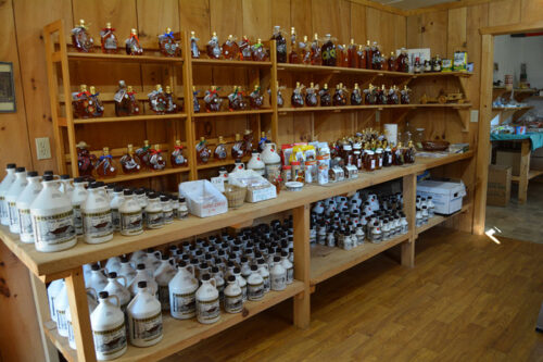 A full rack of maple syrup on display at Maple Hill Farms in Lake Ariel, PA.