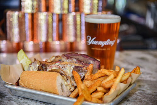 A cheesesteak with seasoned fries next to a Yuengling Beer from Backwoods Bar and Kitchen in Dallas, PA.