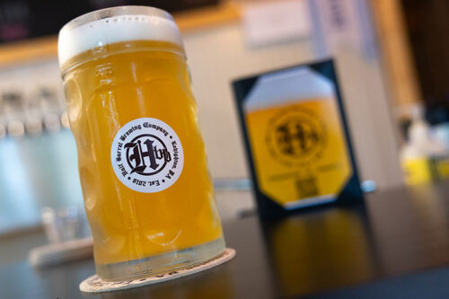 A tall pint of IPA at Half Barrel Brewing in Lehighton, PA.