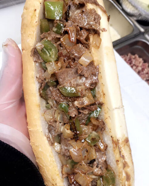 A cheesesteak with diced onions and green peppers from Cosimo's in Freeland, PA.