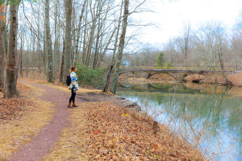 A person stands along a wooded trail beside calm water at Landingville Marsh on the Schuylkill River Trail in Auburn, PA.