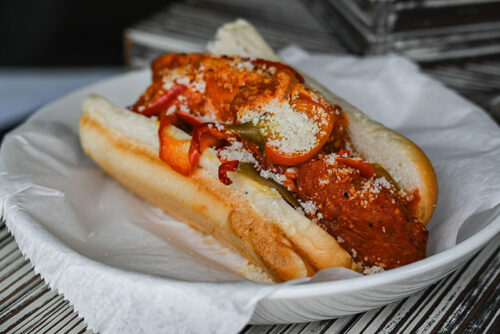 A hoagie topped with tomato sauce from the Pittston Tomato Festival in Pittston, PA.