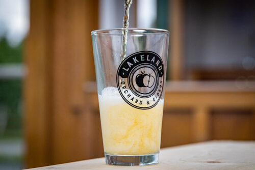 A cider being poured into a pint glass with the Lakeland Orchard & Cidery logo on it in Scott Twp., PA.