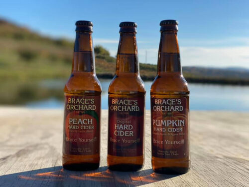 Three glass bottles of hard cider from Brace’s Orchard in Dallas, PA.