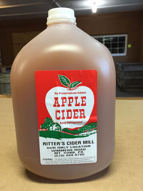 Gallon of apple cider from Ritter’s Cider Mill in Mount Cobb, PA.