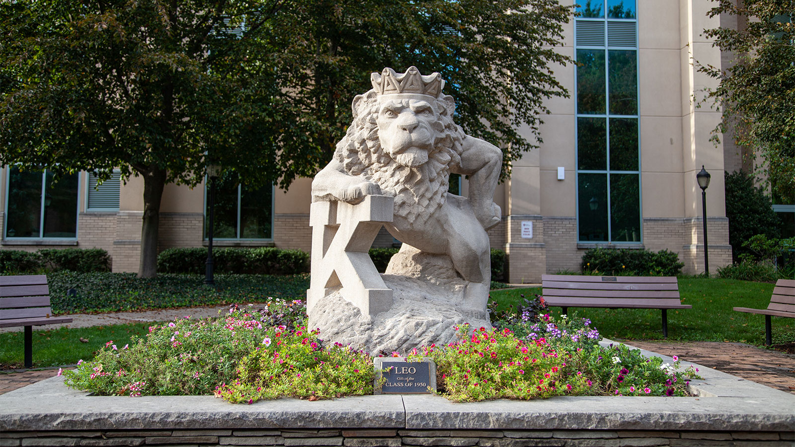 Statue of a lion on the campus of King's College in Wilkes-Barre, PA.