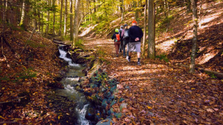 A group of hikers walk along a trail within the Delaware Water Gap National Recreation Area in Milford, PA.