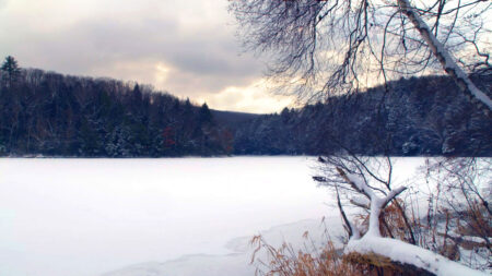 Winter view of a frozen Lake Tuscarora at Tuscarora State Park in Barnesville, PA.