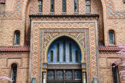 Ornate brick work and colorful masonry mark the entrance of the Irem Temple in Wilkes-Barre, PA.