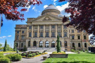 The exterior of the building and curated grounds of the Luzerne County Courthouse in Wilkes-Barre, PA.