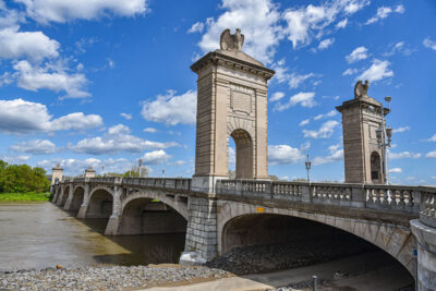 The iconic Market Street Bridge towers with eagle statues on top in Wilkes-Barre, PA.