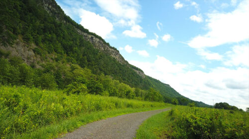 A gravel path winds through lush green vegetation, leading towards a forested mountain under a partly cloudy sky along McDade Recreational Trail in the Delaware Water Gap National Recreation Area near Milford, PA. 