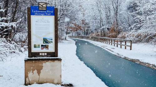 Winter view of the Lackawanna River heritage trail in Scranton, PA.