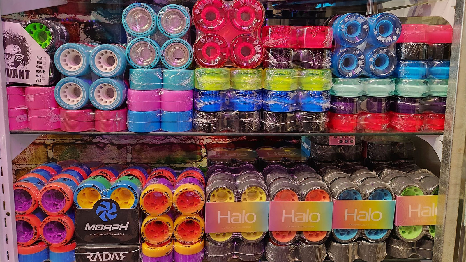 Rollerblade wheels on display at Rage Parade Skate Shop in Pottsville, PA.
