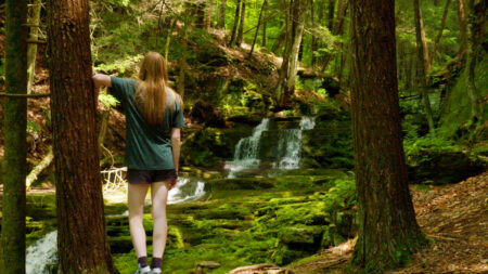 A young woman stands with her back to the camra, looking at a mossy waterfall in a lush forest at Prompton State Park in Prompton, PA.