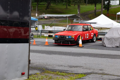 A race car pulls out of the pit area at the Giants Despair Hillclimb in Laurel Run, PA.