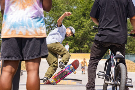Skateboarder skating off of a ramp at Wilkes-Barre City Skate Park at Hollenback Park in Wilkes-Barre, PA.