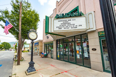 An exterior view of the marquee over the entrance of the historic Dietrich Theater in Tunkhannock, PA.