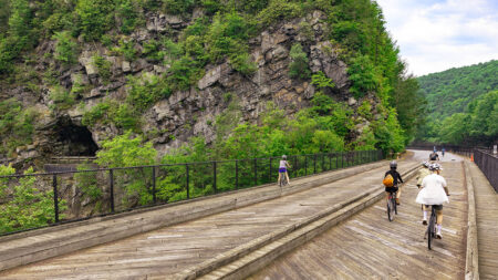 A view of the wooden bridge on the D&L Trail aka Lehigh Gorge Trail in Jim Thorpe, PA.