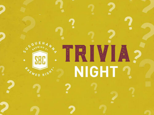 A graphic that reads Trivia Night with a gold background and white question marks for Susquehanna Brewing Company in Pittston, PA.