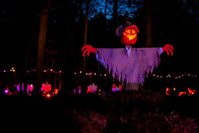 On the Glowing Pumpkin Trail at Roba Family Farms in North Abington Township, one scene features a scarecrow, with a carved pumpkin for a head, that glows in the dark.