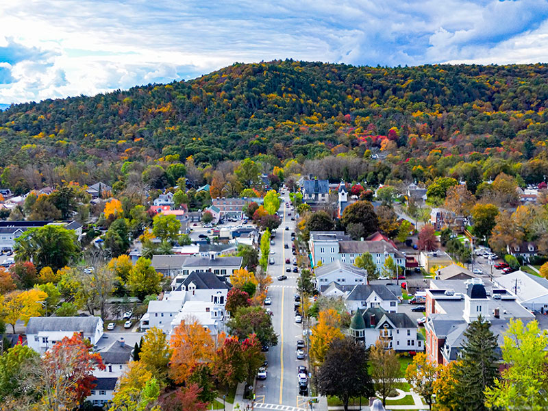 An aerial view of downtown Milford amongst the Pocono Mountains in Milford, PA.
