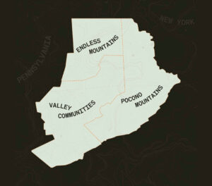 Map of Northeastern Pennsylvania highlighting the Endless Mountains, Valley Communities and Pocono Mountains regions.
