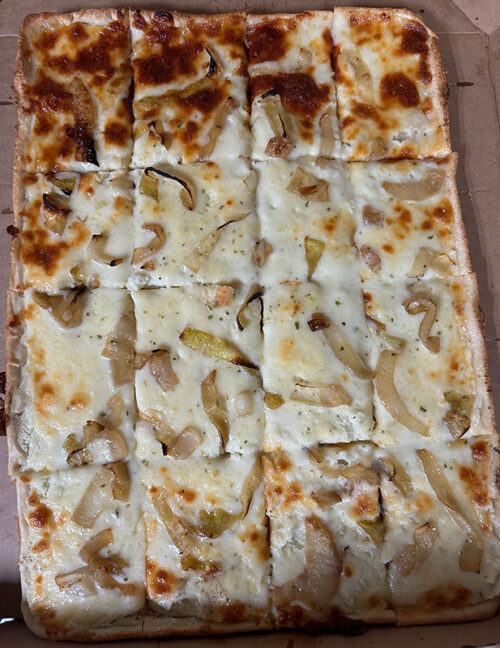 A large square tray of pagach pizza from Waymart Hotel in Waymart, PA.