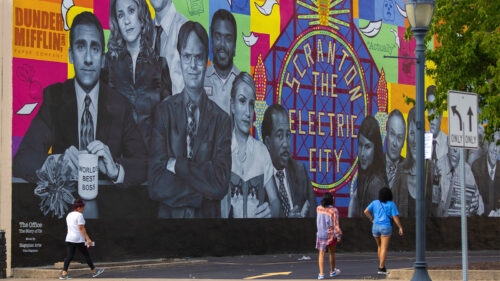 A mural showcases characters from the television show 