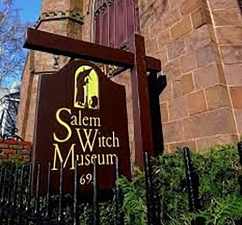A sign outside the Salem Witch Museum in Salem, Massachusetts.