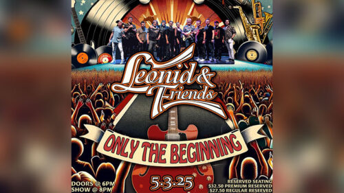 Leonid & Friends on a stage with illustrated people dancing below for a show at Penn's Peak in Jim Thorpe, PA.