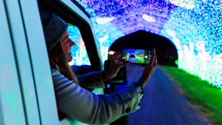 A girl holds her phone out the window to take pictures of the glowing tunnel at Stone Hedge Golf Course during the Festival of Lights in Tunkhannock PA.