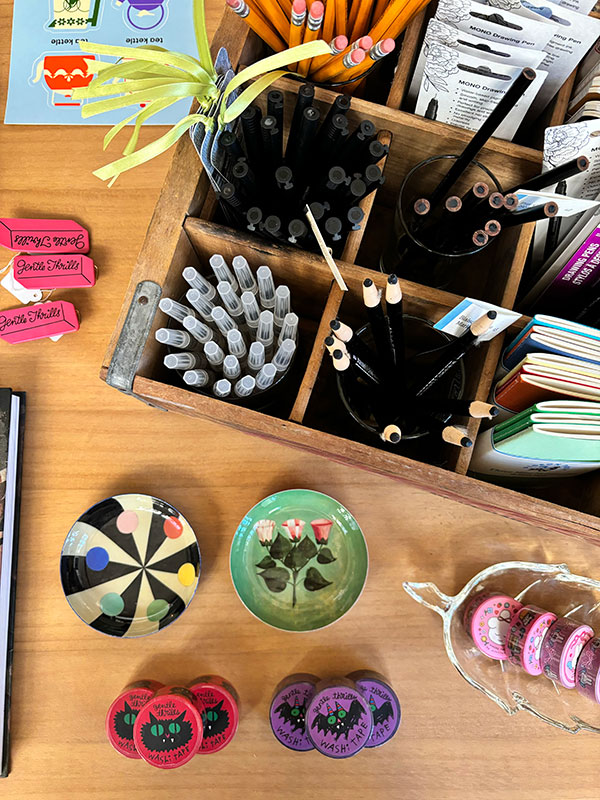 A display of pencils notepads and other unique items from Pigeon Post Art and Books in Scranton, PA.